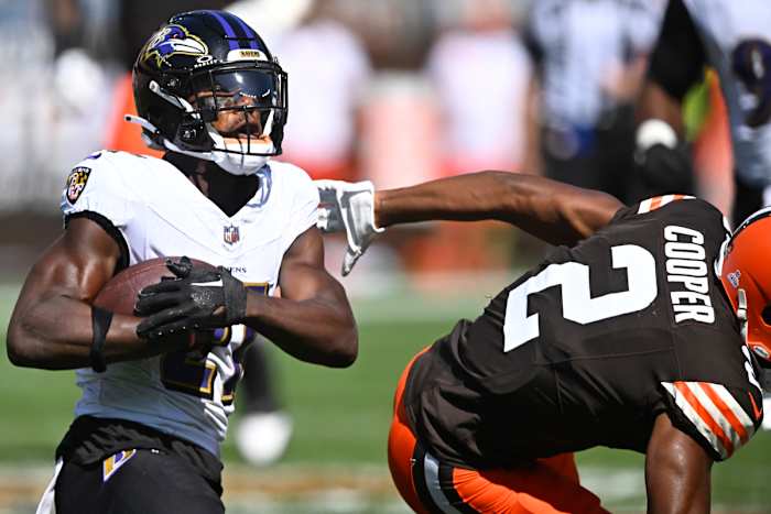 Brandon Stephens (21) with his first career interception against the Cleveland Browns. Photo from David Richard.